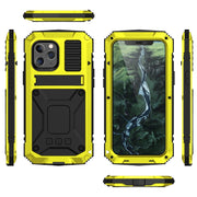 For iPhone 12 mini R-JUST Shockproof Water-resistant Dust-proof Metal + Silicone Protective Case with Holder (Yellow)
