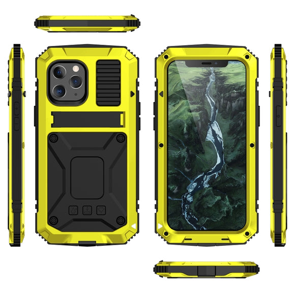 For iPhone 12 mini R-JUST Shockproof Water-resistant Dust-proof Metal + Silicone Protective Case with Holder (Yellow)