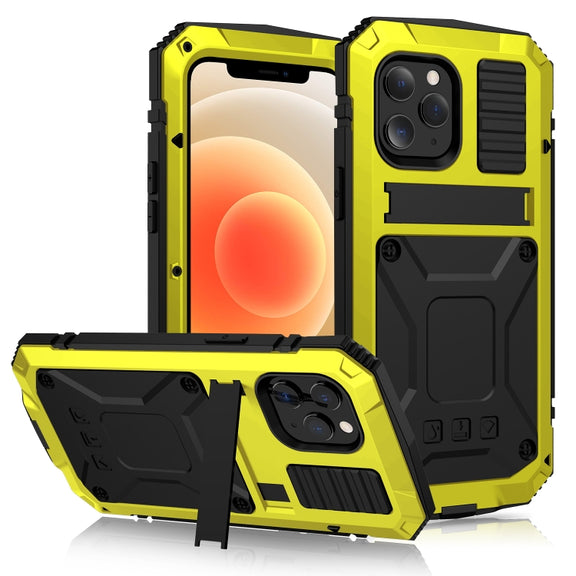 For iPhone 12 mini R-JUST Shockproof Water-resistant Dust-proof Metal + Silicone Protective Case with Holder (Yellow)