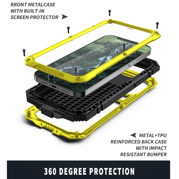 For iPhone 12 mini R-JUST Shockproof Water-resistant Dust-proof Metal + Silicone Protective Case with Holder (Yellow)
