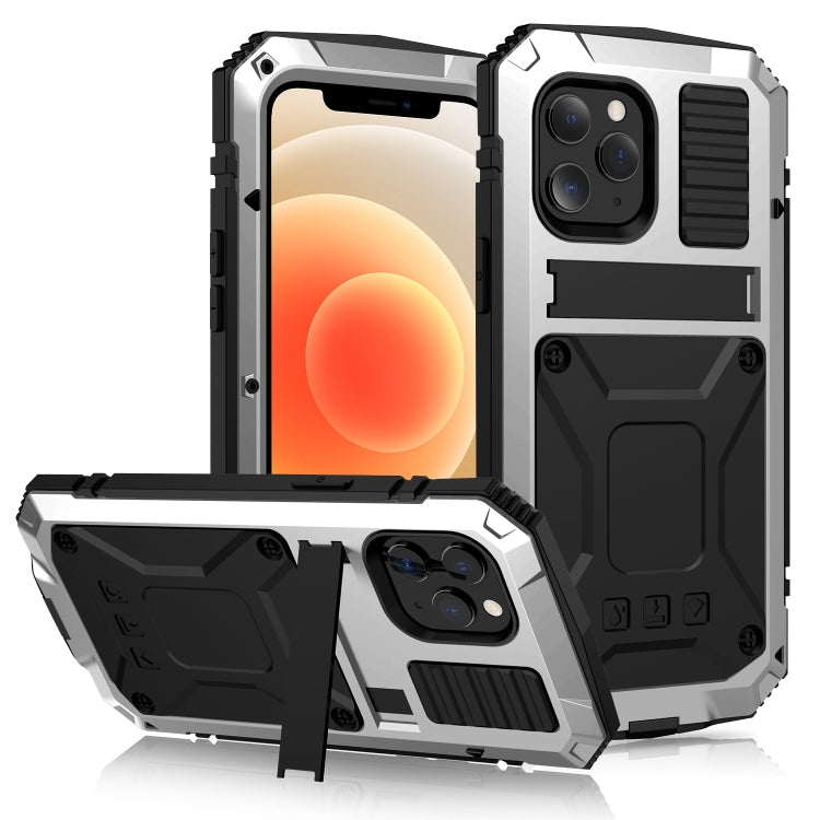 For iPhone 12 mini R-JUST Shockproof Water-resistant Dust-proof Metal + Silicone Protective Case with Holder (Silver)