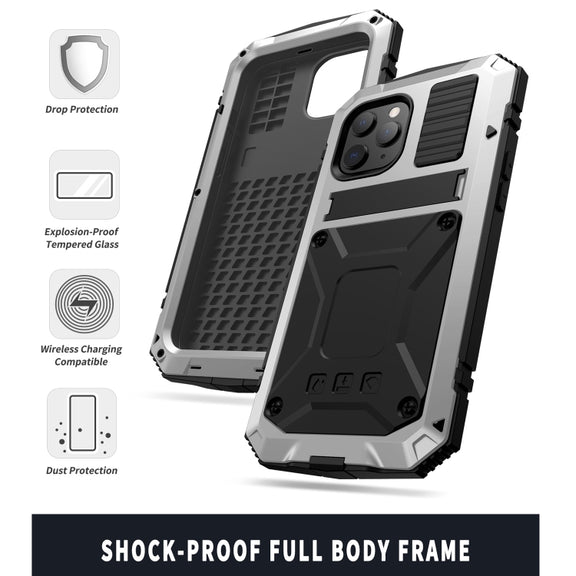 For iPhone 12 mini R-JUST Shockproof Water-resistant Dust-proof Metal + Silicone Protective Case with Holder (Silver)