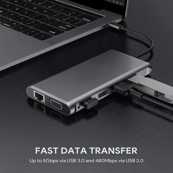 12 in 1 HDMI x2 + USB3.0 + USB2.0 + PD Charging + VGA + RJ45 + 3.5mm Jack + TF/SD x2 Type-C / USB-C HUB Docking Station(Dark Grey)