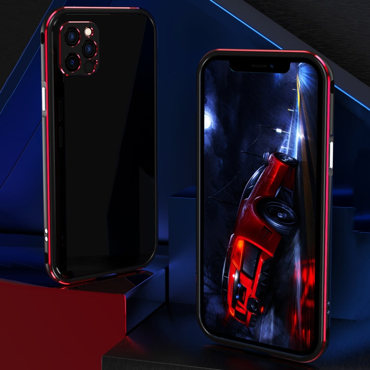 For iPhone 12 Aurora Series Lens Protector + Metal Frame Protective Case(Black Red)