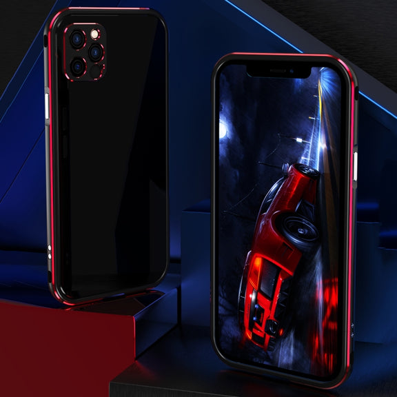 For iPhone 12 Aurora Series Lens Protector + Metal Frame Protective Case(Black Red)