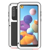 For Samsung Galaxy A21 (US Version) LOVE MEI Metal Shockproof Water-resistant Dustproof Protective Case with Glass(White)
