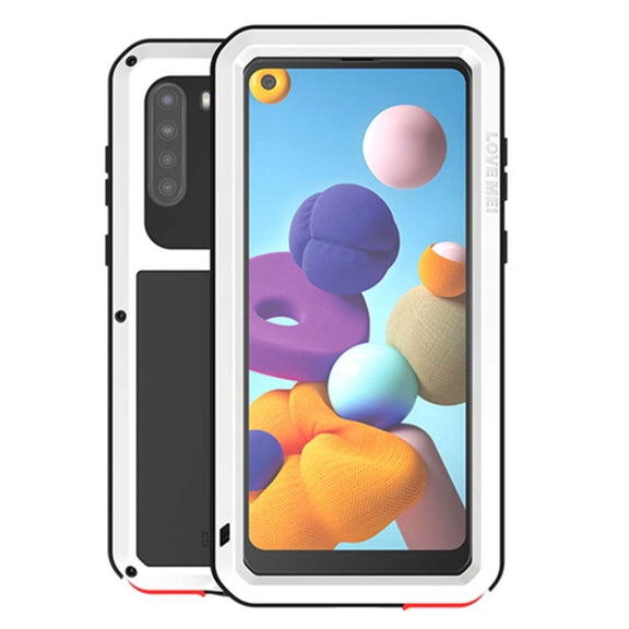 For Samsung Galaxy A21 (US Version) LOVE MEI Metal Shockproof Water-resistant Dustproof Protective Case with Glass(White)