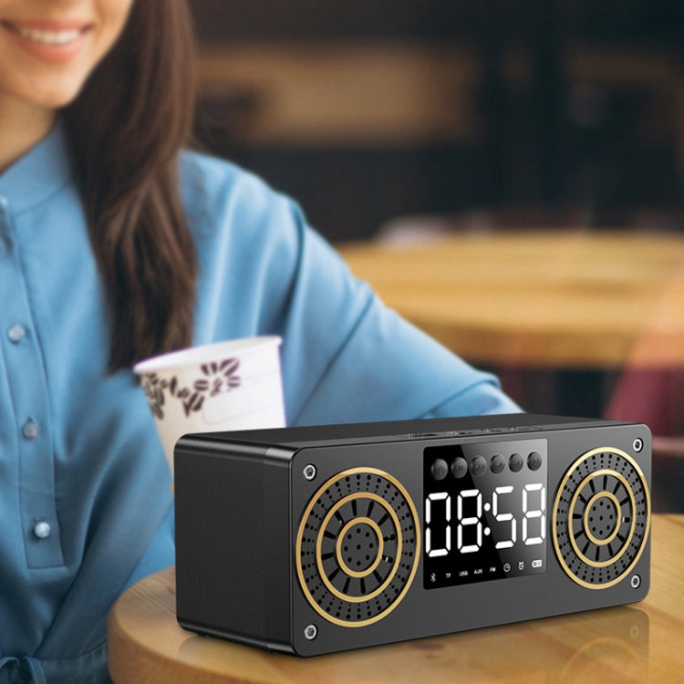 A10 Subwoofer Wooden Clock Bluetooth 5.0 Speaker, Support TF Card & U Disk Play & FM Radio(Yellow)