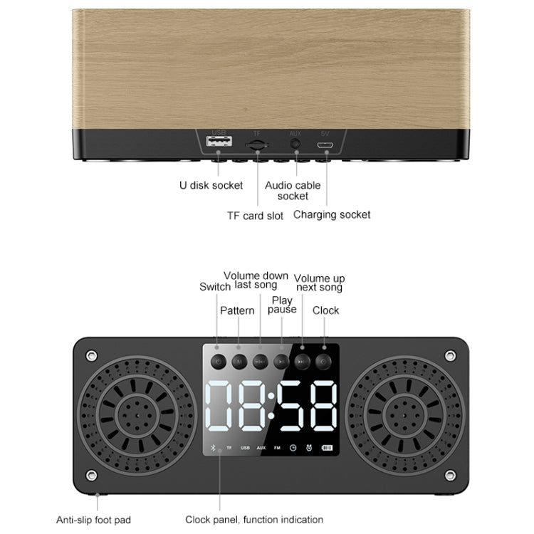 A10 Subwoofer Wooden Clock Bluetooth 5.0 Speaker, Support TF Card & U Disk Play & FM Radio(Yellow)