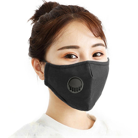 For Men Women Washable Replaceable Filter Breath-Valve PM2.5 Dustproof Face Mask(Black)