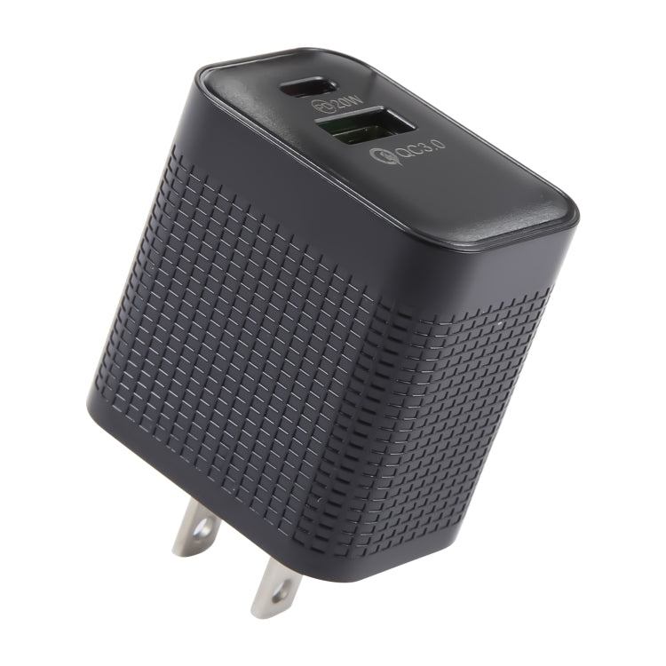 LZ-106A+C PD 20W USB-C/Type-C+QC 3.0 USB Ports Plaid Pattern Travel Charger, US Plug(Black)