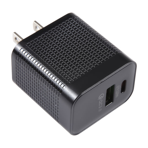 LZ-106A+C PD 20W USB-C/Type-C+QC 3.0 USB Ports Plaid Pattern Travel Charger, US Plug(Black)