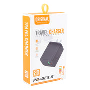 LZ-106A+C PD 20W USB-C/Type-C+QC 3.0 USB Ports Plaid Pattern Travel Charger, US Plug(Black)