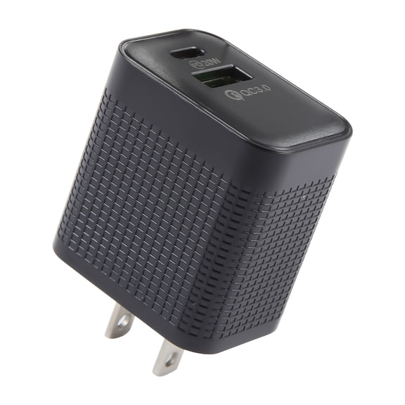 LZ-106A+C PD 20W USB-C/Type-C+QC 3.0 USB Ports Plaid Pattern Travel Charger, US Plug(Black)