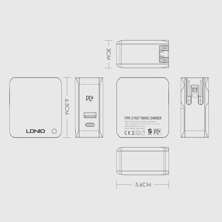 LDNIO A4403C 30W PD + Auto-id Foldable Fast Travel Charger with 1m Micro USB Cable, EU Plug