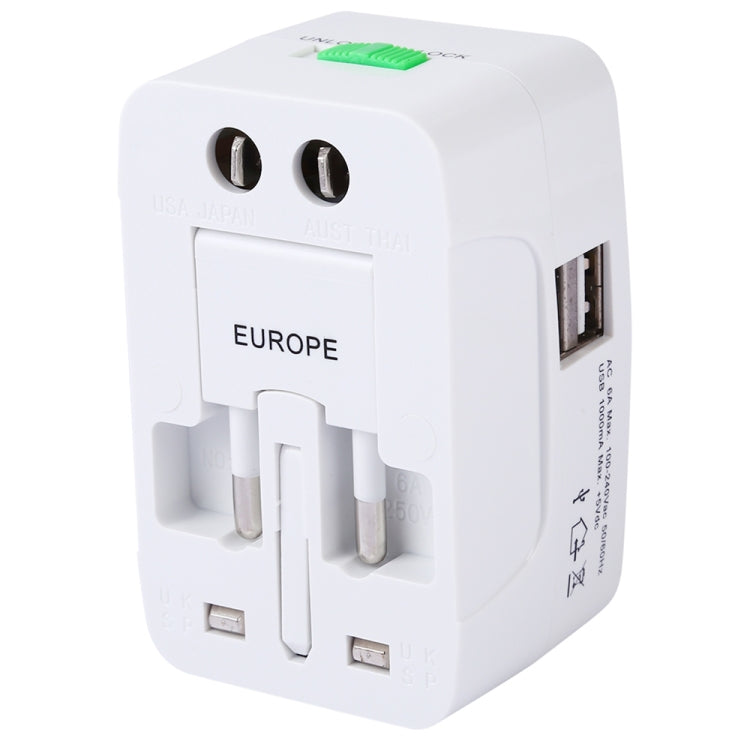 110-250V Multi-function Travel Universal Converter with Dual USB Interfaces, EU / UK / US / AU Plug(White)