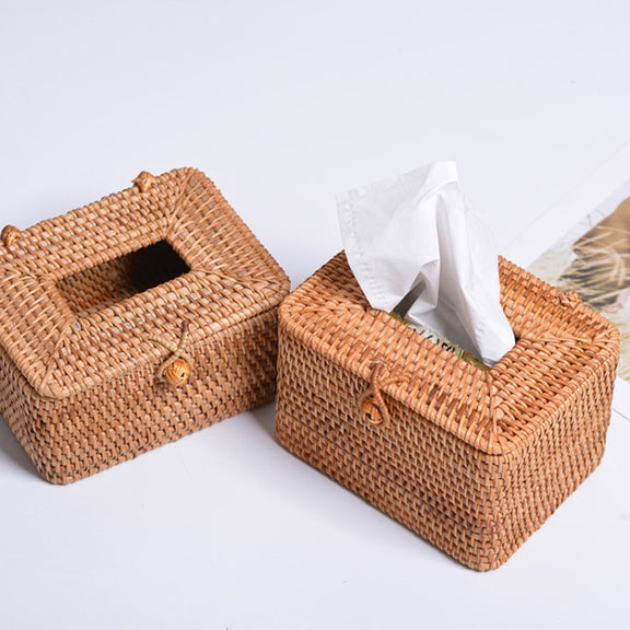 ZJH01 Square Shape Restaurant Desktop Rattan Braided Tissue Storage Box Case