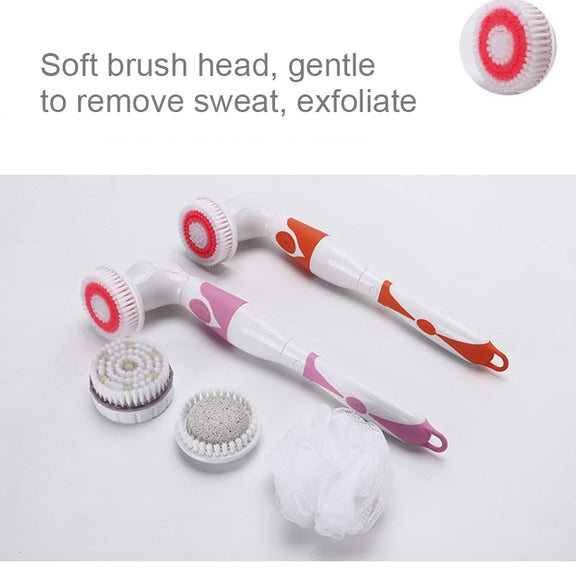 Multi-function Electric Water-resistant Bath Cleansing Brush Long-handled Massage Brush, with 4 Brush Heads(Pink)