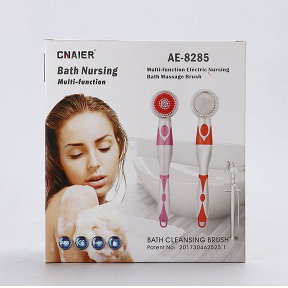 Multi-function Electric Water-resistant Bath Cleansing Brush Long-handled Massage Brush, with 4 Brush Heads(Pink)