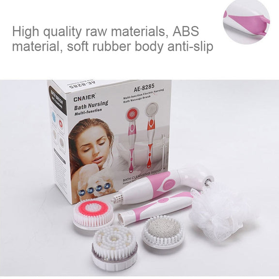 Multi-function Electric Water-resistant Bath Cleansing Brush Long-handled Massage Brush, with 4 Brush Heads(Grey)