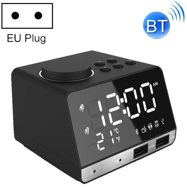 K11 Bluetooth Alarm Clock Speaker Creative Digital Music Clock Display Radio with Dual USB Interface, Support U Disk / TF Card / FM / AUX, EU Plug(Black)