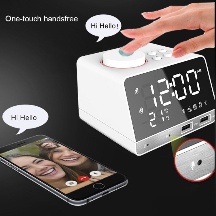 K11 Bluetooth Alarm Clock Speaker Creative Digital Music Clock Display Radio with Dual USB Interface, Support U Disk / TF Card / FM / AUX, EU Plug(White)