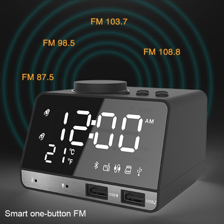 K11 Bluetooth Alarm Clock Speaker Creative Digital Music Clock Display Radio with Dual USB Interface, Support U Disk / TF Card / FM / AUX, EU Plug(White)