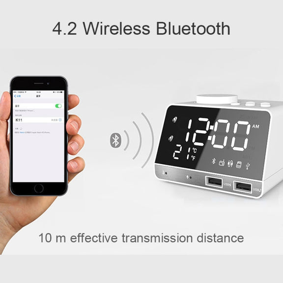 K11 Bluetooth Alarm Clock Speaker Creative Digital Music Clock Display Radio with Dual USB Interface, Support U Disk / TF Card / FM / AUX, EU Plug(White)