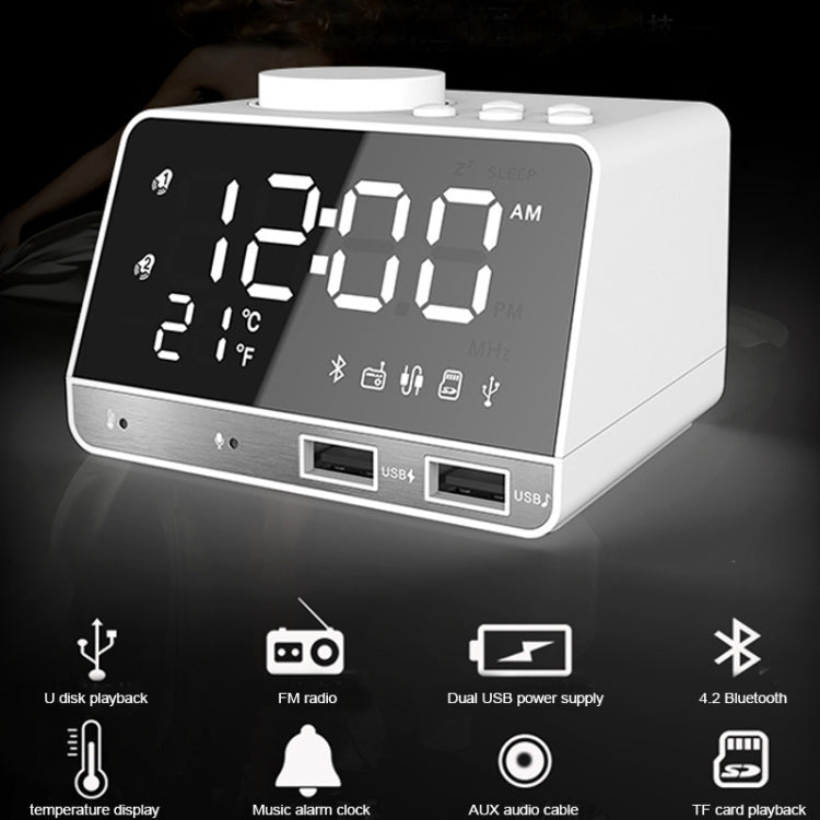 K11 Bluetooth Alarm Clock Speaker Creative Digital Music Clock Display Radio with Dual USB Interface, Support U Disk / TF Card / FM / AUX, EU Plug(White)
