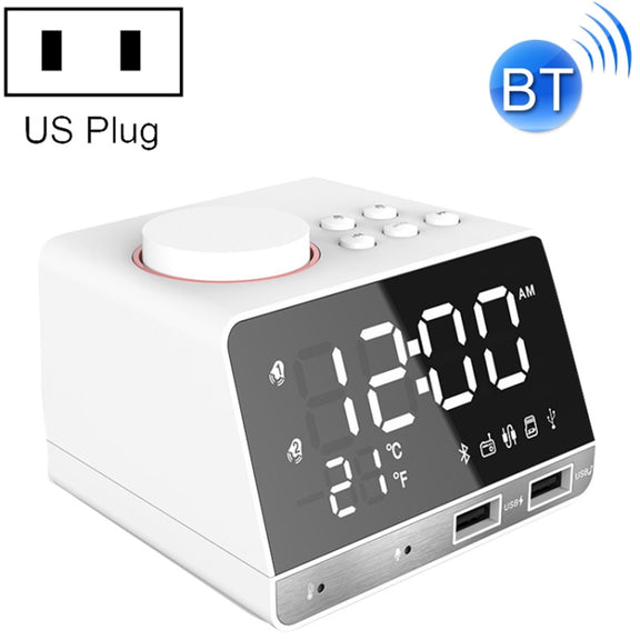K11 Bluetooth Alarm Clock Speaker Creative Digital Music Clock Display Radio with Dual USB Interface, Support U Disk / TF Card / FM / AUX, US Plug(White)
