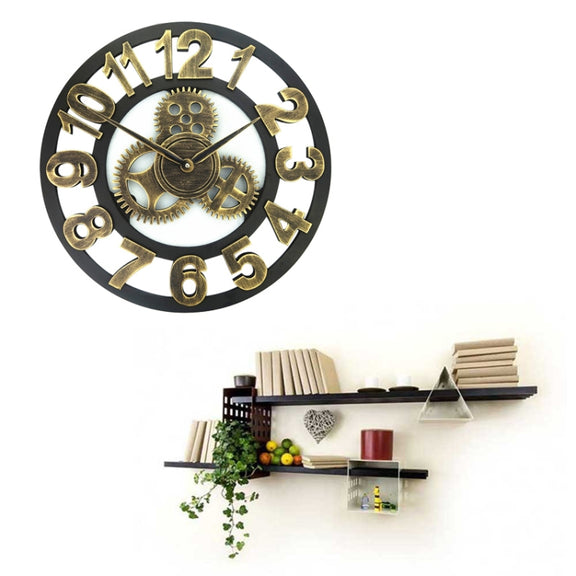 Retro Wooden Round Single-sided Gear Clock Number Wall Clock, Diameter: 80cm (Gold)