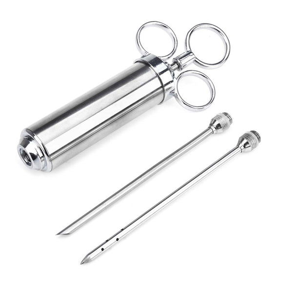 60ml Stainless Steel Syringe Dual Needles Condiment Turkey Meat Injector Cooking Tools (Silver)