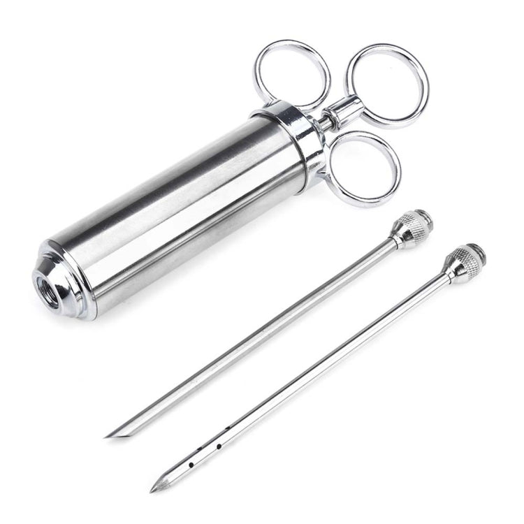 60ml Stainless Steel Syringe Dual Needles Condiment Turkey Meat Injector Cooking Tools (Silver)