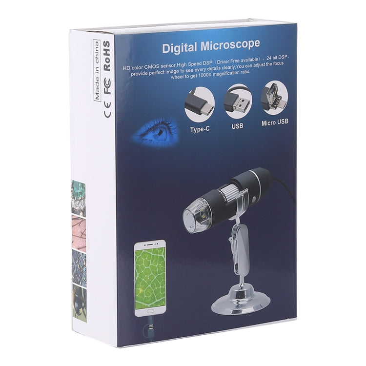 1600X Magnifier HD Image Sensor 3 in 1 USB Digital Microscope with 8 LED & Professional Stand (Black)