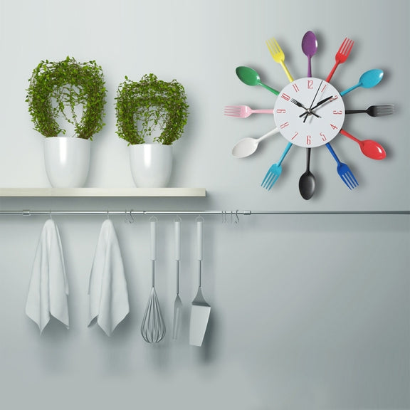 Cutlery Metal Kitchen Wall Clock Spoon Fork Creative Quartz Wall Mounted Clocks Modern Design Decorative Horloge, Silver
