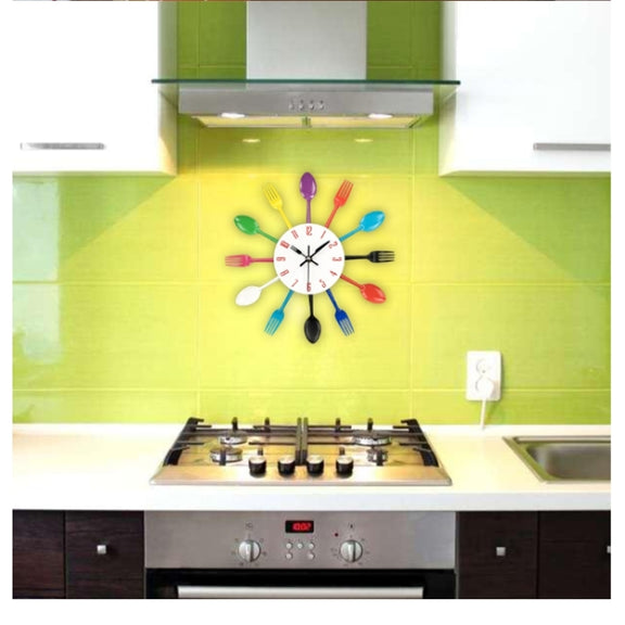 Cutlery Metal Kitchen Wall Clock Spoon Fork Creative Quartz Wall Mounted Clocks Modern Design Decorative Horloge, Silver