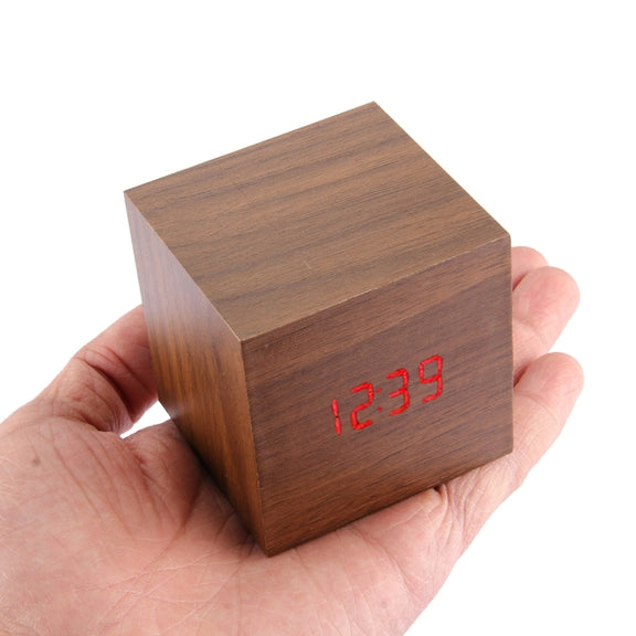 Wood Clock Desk Table LED Digital Display Alarm Clock with Time & Date & Temperature Display(Brown)