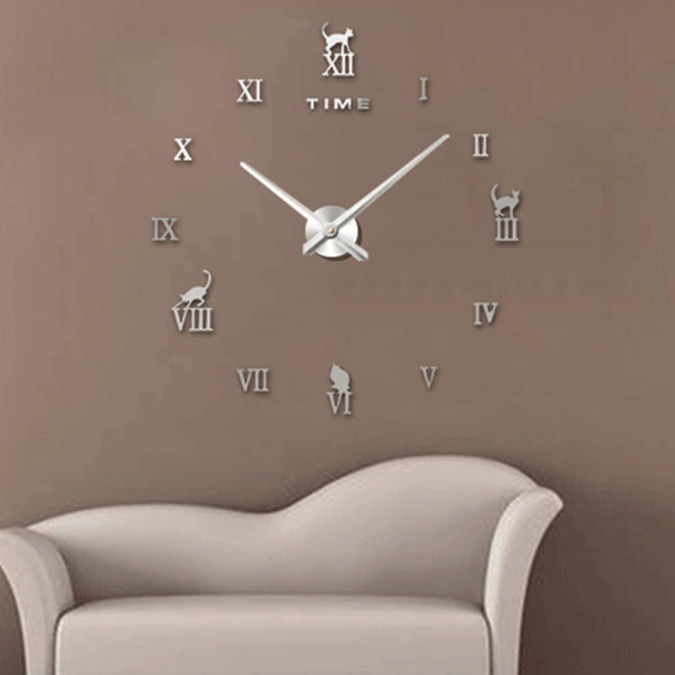 Home Office Decor Frameless Cat Shape Large Size DIY 3D Mirror Surface Wall Stickers Mute Clock, Size: 100*100cm(Silver)