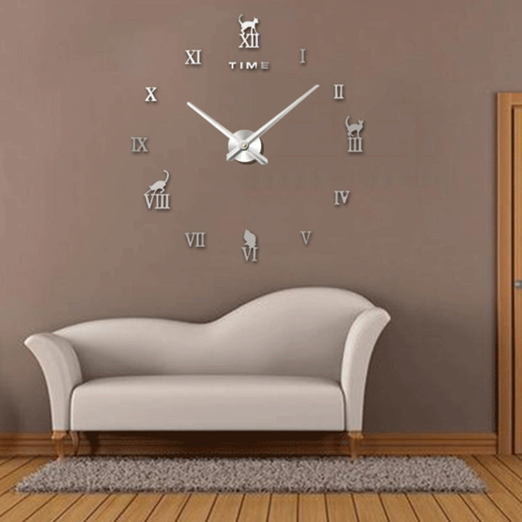 Home Office Decor Frameless Cat Shape Large Size DIY 3D Mirror Surface Wall Stickers Mute Clock, Size: 100*100cm(Silver)