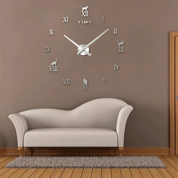 Home Office Decor Frameless Cat Shape Large Size DIY 3D Mirror Surface Wall Stickers Mute Clock, Size: 100*100cm(Silver)