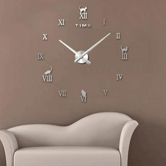 Home Office Decor Frameless Cat Shape Large Size DIY 3D Mirror Surface Wall Stickers Mute Clock, Size: 100*100cm(Silver)