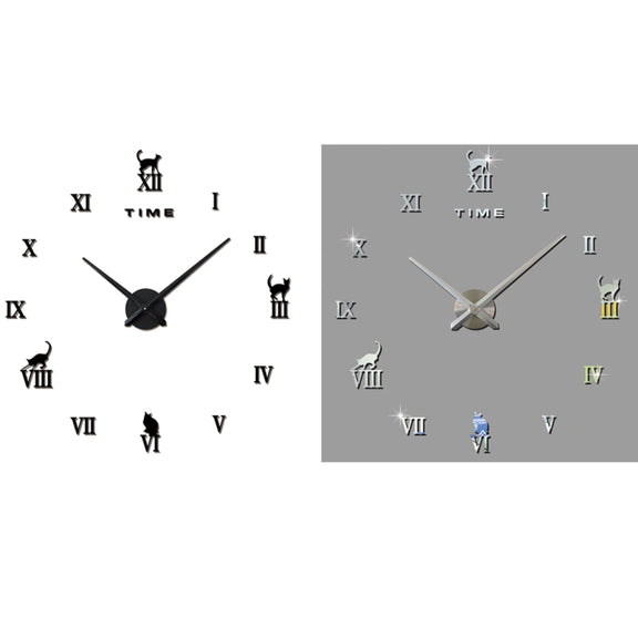 Home Office Decor Frameless Cat Shape Large Size DIY 3D Mirror Surface Wall Stickers Mute Clock, Size: 100*100cm(Silver)