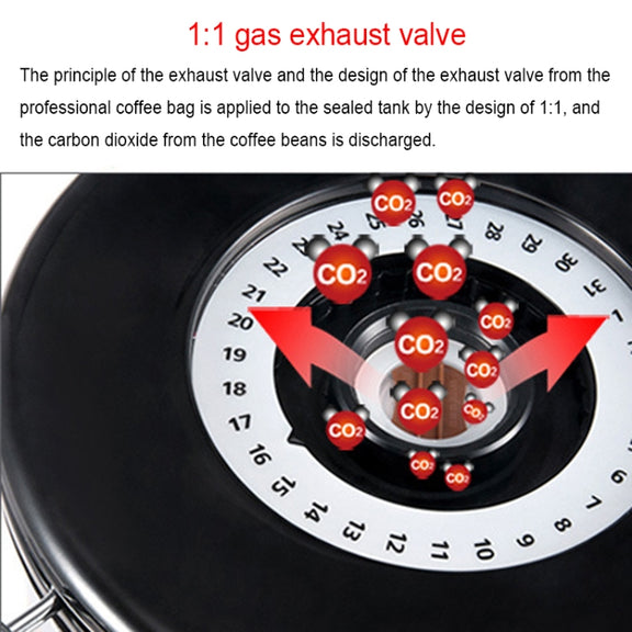 1200ml Stainless Steel Sealed Food Coffee Grounds Bean Storage Container with Built-in CO2 Gas Vent Valve & Calendar (Black)