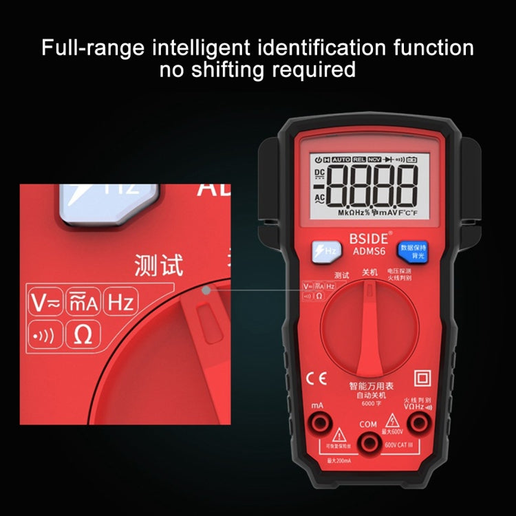 BSIDE ADMS6 High-precision Fully Automatic Small Digital Intelligent Multimeter with HD Digital Display & Shockproof Cover, Support Function Range Switch & Double-sided Pen Holder (Red)