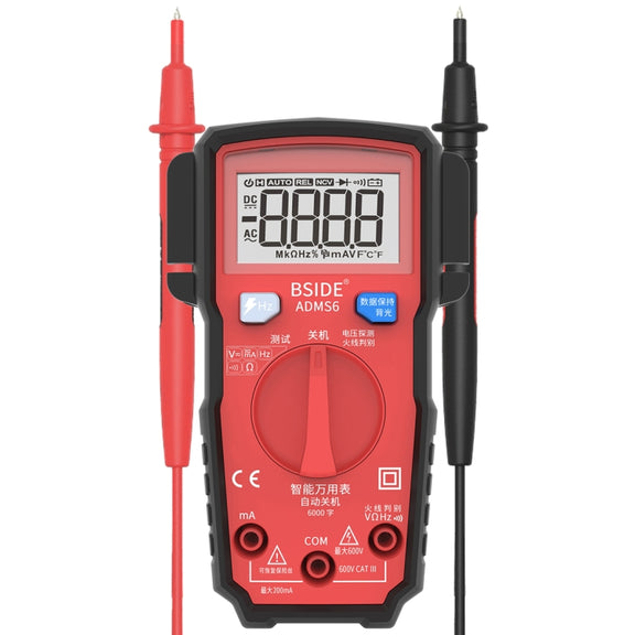BSIDE ADMS6 High-precision Fully Automatic Small Digital Intelligent Multimeter with HD Digital Display & Shockproof Cover, Support Function Range Switch & Double-sided Pen Holder (Red)