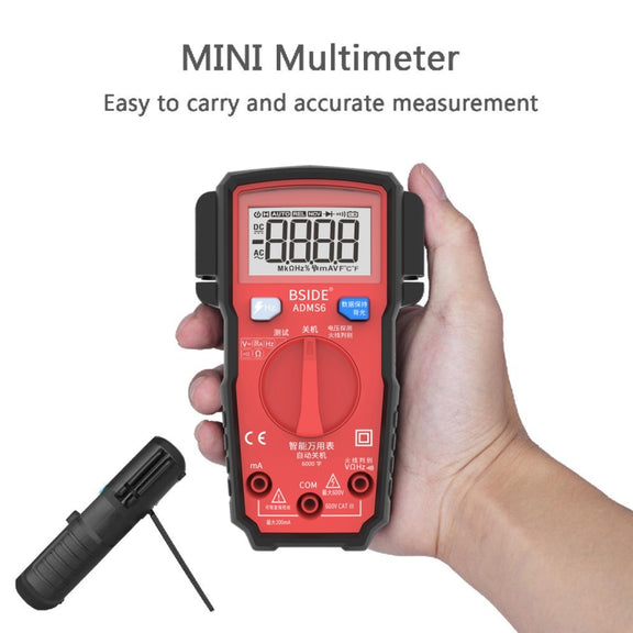 BSIDE ADMS6 High-precision Fully Automatic Small Digital Intelligent Multimeter with HD Digital Display & Shockproof Cover, Support Function Range Switch & Double-sided Pen Holder (Red)
