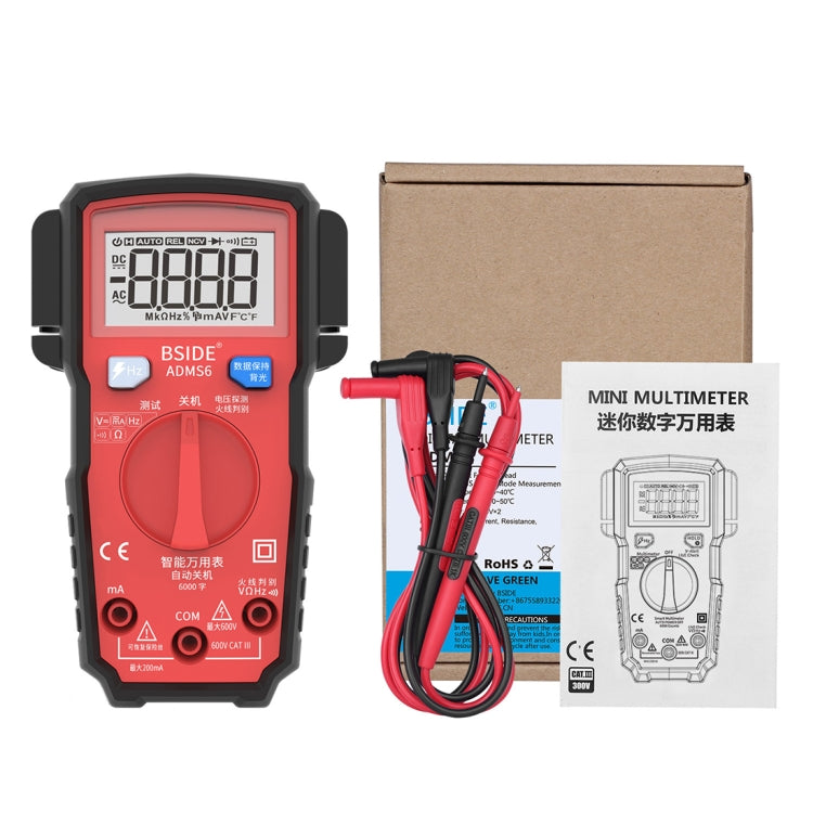 BSIDE ADMS6 High-precision Fully Automatic Small Digital Intelligent Multimeter with HD Digital Display & Shockproof Cover, Support Function Range Switch & Double-sided Pen Holder (Red)