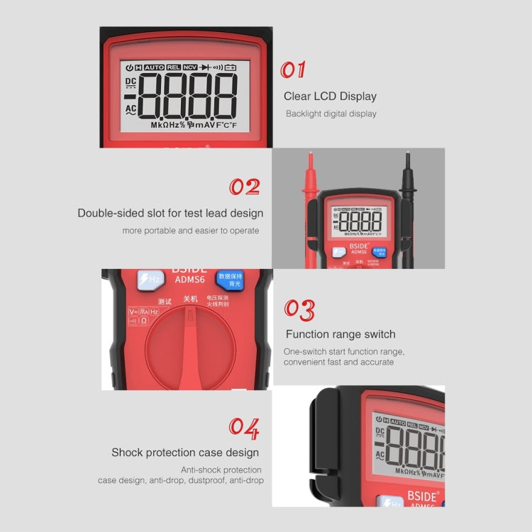 BSIDE ADMS6 High-precision Fully Automatic Small Digital Intelligent Multimeter with HD Digital Display & Shockproof Cover, Support Function Range Switch & Double-sided Pen Holder (Red)