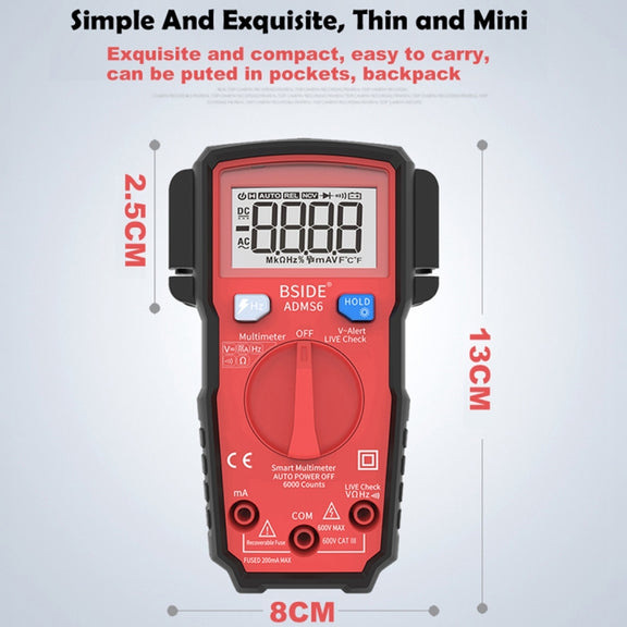 BSIDE ADMS6 High-precision Fully Automatic Small Digital Intelligent Multimeter with HD Digital Display & Shockproof Cover, Support Function Range Switch & Double-sided Pen Holder (Red)