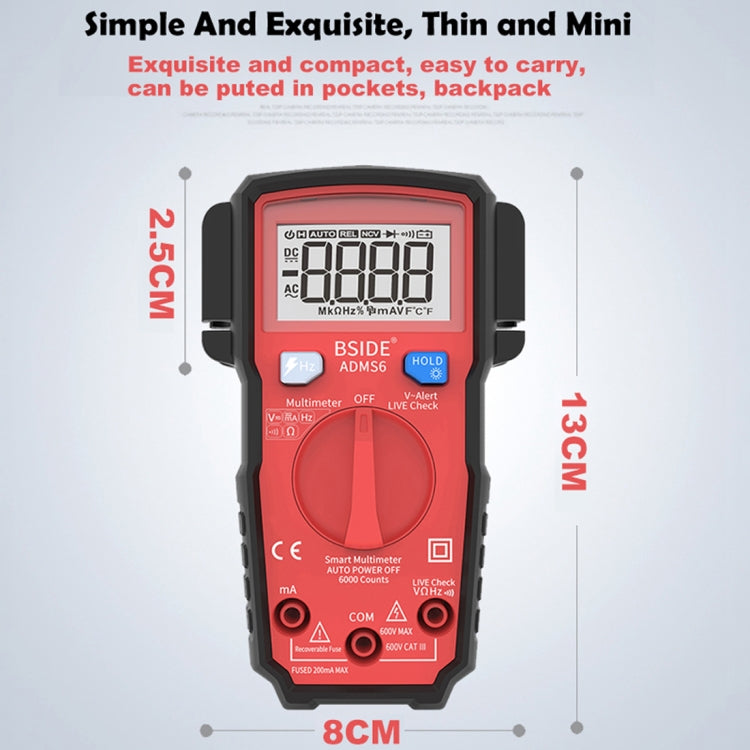 BSIDE ADMS6 High-precision Fully Automatic Small Digital Intelligent Multimeter with HD Digital Display & Shockproof Cover, Support Function Range Switch & Double-sided Pen Holder (Red)